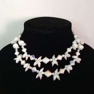 White Iridescent Double Strand Necklace Multishaped Beads Wedding Party Glam
